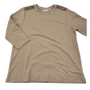 Susan Graver Womens Beige Tunic Top L With Beaded Shoulder Detail Cotton Blend